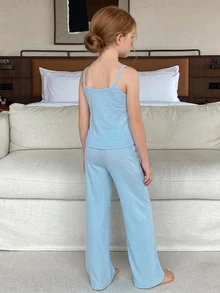 DAZY Tween Girl Fall Clothes Girls (Big) Round Neck Knit Printed Short Sleeve T-Shirt + Plaid Pajama Pants Loungewear Set - Blue - View 2