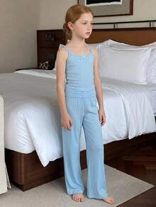 DAZY Tween Girl Fall Clothes Girls (Big) Round Neck Knit Printed Short Sleeve T-Shirt + Plaid Pajama Pants Loungewear Set - Blue - View 3