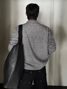 DAZY 春秋款灰色混紡面料翻領門襟黑色對比色男士開襟衫長袖上衣冬季 - 灰色 - 查看 2