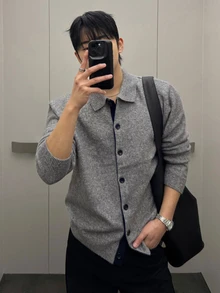DAZY 春秋款灰色混紡面料翻領門襟黑色對比色男士開襟衫長袖上衣冬季 - 灰色 - 查看 6