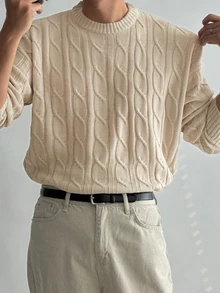 DAZY Autumn/Winter Apricot Cable Knit Crew Neck Long Sleeve Cuffed Men's Sweater - Apricot - View 5