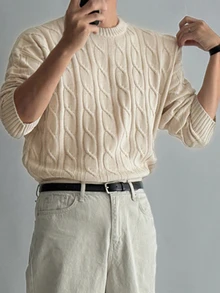 DAZY Autumn/Winter Apricot Cable Knit Crew Neck Long Sleeve Cuffed Men's Sweater - Apricot - View 3