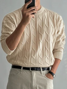 DAZY Autumn/Winter Apricot Cable Knit Crew Neck Long Sleeve Cuffed Men's Sweater - Apricot - View 6