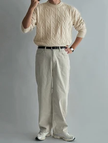DAZY Autumn/Winter Apricot Cable Knit Crew Neck Long Sleeve Cuffed Men's Sweater - Apricot - View 4