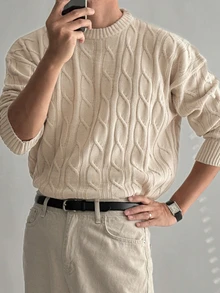 DAZY Autumn/Winter Apricot Cable Knit Crew Neck Long Sleeve Cuffed Men's Sweater - Apricot - View 1