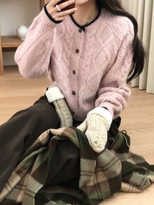 DAZY Women's Contrast Color Korean Style Long Sleeve Cardigan, Autumn/Winter - Pink - View 5