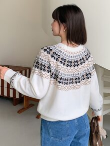 Dazy Plus Round Neck Sweater Japanese Style Jacquard Pattern Lazy Vintage Loose Gentle Style Sweater Autumn Winter Christmas - Beige - View 2