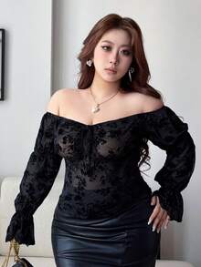 Dazy Plus Plus Size Black Flocked Fabric Off-Shoulder Tie-Front Top, Long Sleeve T-Shirt For Wedding, Party, Vacation, Sexy Style - Black - View 8