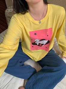 Dazy Plus Cartoon Print Loose Top & Long Pants Spring/Autumn New Pajama Set - Yellow - View 1