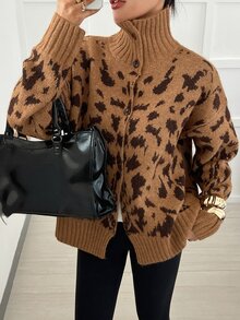 DAZY Autumn/Winter Leopard Print Lapel Single-Breasted Loose Silhouette Cardigan Long Sleeve Slouchy Personalized Street Commute Fashion Women's Open Front Sweater - Brown - View 3