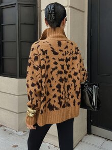 DAZY Autumn/Winter Leopard Print Lapel Single-Breasted Loose Silhouette Cardigan Long Sleeve Slouchy Personalized Street Commute Fashion Women's Open Front Sweater - Brown - View 2