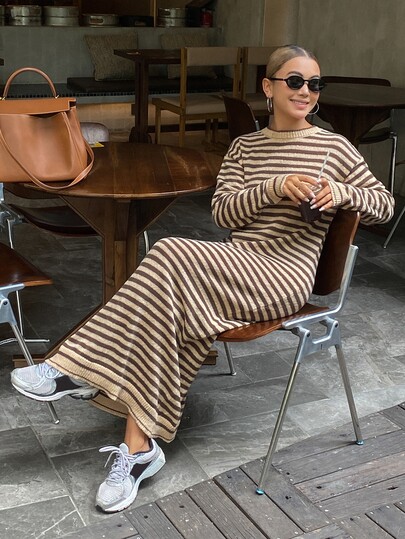 DAZY Autumn/Winter Round Neck Striped Long Sleeve Straight Brown Loose Slouchy Casual Streetwear Women Sweater Dress