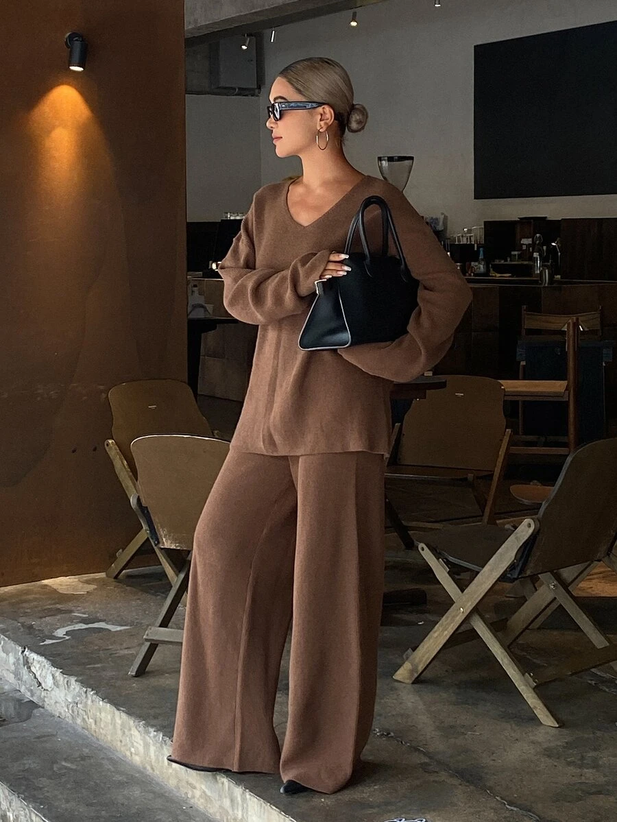 DAZY Autumn/Winter V-Neck Loose Drop Shoulder Sweater & Wide Leg Long Pants Casual Commute Daily Women's Knitwear Two Pieces Set - Coffee Brown - View 1