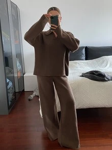 DAZY Autumn/Winter Women's Loose Knit Sweater & Wide Leg Straight Pants Two Pieces Set, Deep Coffee Color, Casual Daily Commute - Coffee Brown - View 3