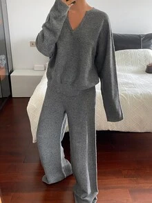 DAZY Autumn/Winter V-Neck Loose Long Sleeve Pullover Sweater & Wide Leg Pants Grey Casual Versatile Daily Commute Women's Knitwear Two Pieces Set - Grey - View 5