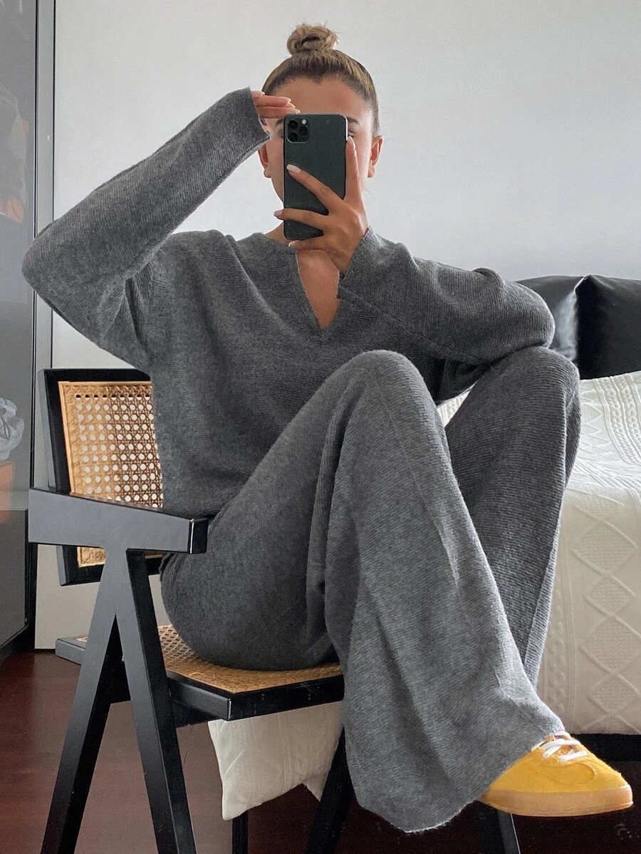 DAZY Autumn/Winter V-Neck Loose Long Sleeve Pullover Sweater & Wide Leg Pants Grey Casual Versatile Daily Commute Women's Knitwear Two Pieces Set - Grey - View 1