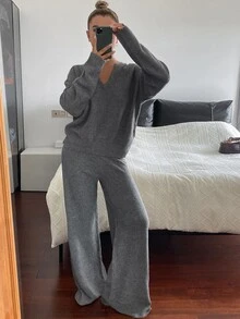 DAZY Autumn/Winter V-Neck Loose Long Sleeve Pullover Sweater & Wide Leg Pants Grey Casual Versatile Daily Commute Women's Knitwear Two Pieces Set - Grey - View 4