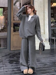 DAZY Autumn/Winter Women's Loose Knit Sweater & Wide Leg Pants Set, Gray Casual Comfortable Street Daily Commute Slouchy Two Pieces Outfit - Grey - View 5