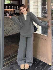 DAZY Autumn/Winter Women's Loose Knit Sweater & Wide Leg Pants Set, Gray Casual Comfortable Street Daily Commute Slouchy Two Pieces Outfit - Grey - View 8