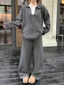 DAZY Autumn/Winter Women's Loose Knit Sweater & Wide Leg Pants Set, Gray Casual Comfortable Street Daily Commute Slouchy Two Pieces Outfit - Grey - View 4
