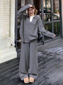 DAZY Autumn/Winter Women's Loose Knit Sweater & Wide Leg Pants Set, Gray Casual Comfortable Street Daily Commute Slouchy Two Pieces Outfit - Grey - View 6