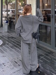 DAZY Autumn/Winter Women's Loose Knit Sweater & Wide Leg Pants Set, Gray Casual Comfortable Street Daily Commute Slouchy Two Pieces Outfit - Grey - View 2