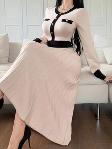 DAZY Autumn/Winter Round Neck Black & White Colorblock Cinched Waist A-Line Mid-Length Elegant Commute Date Women Sweater Dress - Apricot - View 7