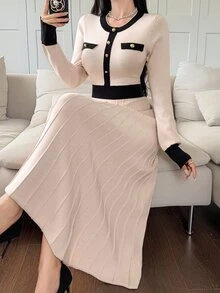 DAZY Autumn/Winter Round Neck Black & White Colorblock Cinched Waist A-Line Mid-Length Elegant Commute Date Women Sweater Dress - Apricot - View 4