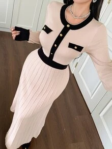 DAZY Autumn/Winter Round Neck Black & White Colorblock Cinched Waist A-Line Mid-Length Elegant Commute Date Women Sweater Dress - Apricot - View 1