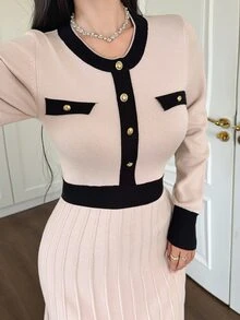 DAZY Autumn/Winter Round Neck Black & White Colorblock Cinched Waist A-Line Mid-Length Elegant Commute Date Women Sweater Dress - Apricot - View 6