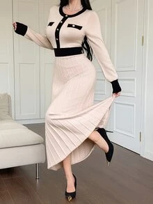 DAZY Autumn/Winter Round Neck Black & White Colorblock Cinched Waist A-Line Mid-Length Elegant Commute Date Women Sweater Dress - Apricot - View 3