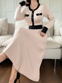 DAZY Autumn/Winter Round Neck Black & White Colorblock Cinched Waist A-Line Mid-Length Elegant Commute Date Women Sweater Dress - Apricot - View 8