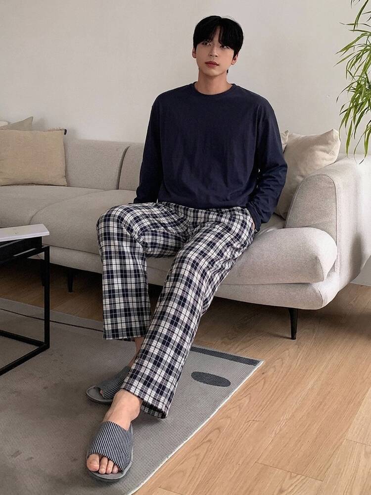 DAZY Spring/Summer Red Plaid Pants & T-Shirt Men's Loungewear Set - Navy Blue - View 1