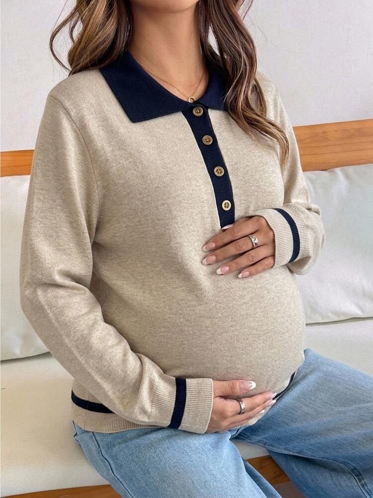 Dazy Maternity 拼色對比色翻領長袖寬鬆休閒度假日常韓風秋冬針織孕婦毛衣 - 杏色 - 查看 4