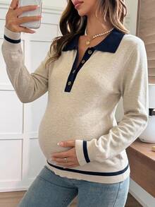 Dazy Maternity Patchwork Contrast Color Lapel Long Sleeve Loose Casual Vacation Daily Korean Style Autumn/Winter Knit Sweater Maternity - Apricot - View 1