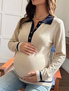 Dazy Maternity Patchwork Contrast Color Lapel Long Sleeve Loose Casual Vacation Daily Korean Style Autumn/Winter Knit Sweater Maternity - Apricot - View 7