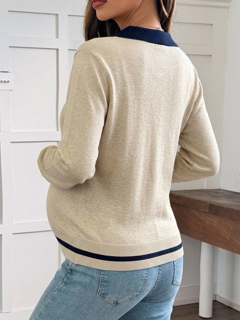 Patchwork Contrast Color Lapel Long Sleeve Loose Casual Vacation Daily Korean Style Autumn/Winter Knit Sweater Maternity