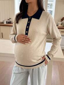 Dazy Maternity Patchwork Contrast Color Lapel Long Sleeve Loose Casual Vacation Daily Korean Style Autumn/Winter Knit Sweater Maternity - Apricot - View 3