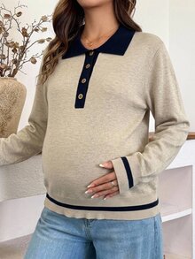 Dazy Maternity Patchwork Contrast Color Lapel Long Sleeve Loose Casual Vacation Daily Korean Style Autumn/Winter Knit Sweater Maternity - Apricot - View 5