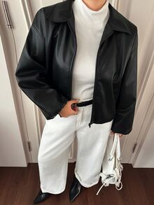Dazy Plus Plus Size PU Leather Lapel Lantern Sleeve Zipper Hem Elastic Waist Thermal Lined Thickened Autumn/Winter Halloween Padded Coat Leather Jacket - Black - View 6