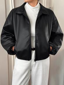 Dazy Plus Plus Size PU Leather Lapel Lantern Sleeve Zipper Hem Elastic Waist Thermal Lined Thickened Autumn/Winter Halloween Padded Coat Leather Jacket - Black - View 7