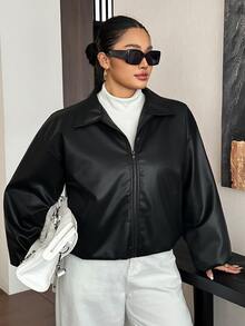 Dazy Plus Plus Size PU Leather Lapel Lantern Sleeve Zipper Hem Elastic Waist Thermal Lined Thickened Autumn/Winter Halloween Padded Coat Leather Jacket - Black - View 4