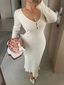 Dazy Plus Solid Color Elegant Wrap Deep V-Neck Sexy Elegant Autumn/Winter Long Knit Dress - Apricot - View 3