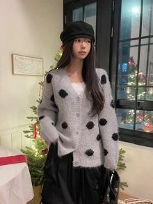 DAZY Women's Polka Dot Colorblock Long Sleeve Korean Style Loose Fit Cardigan, Autumn/Winter - Blue - View 5