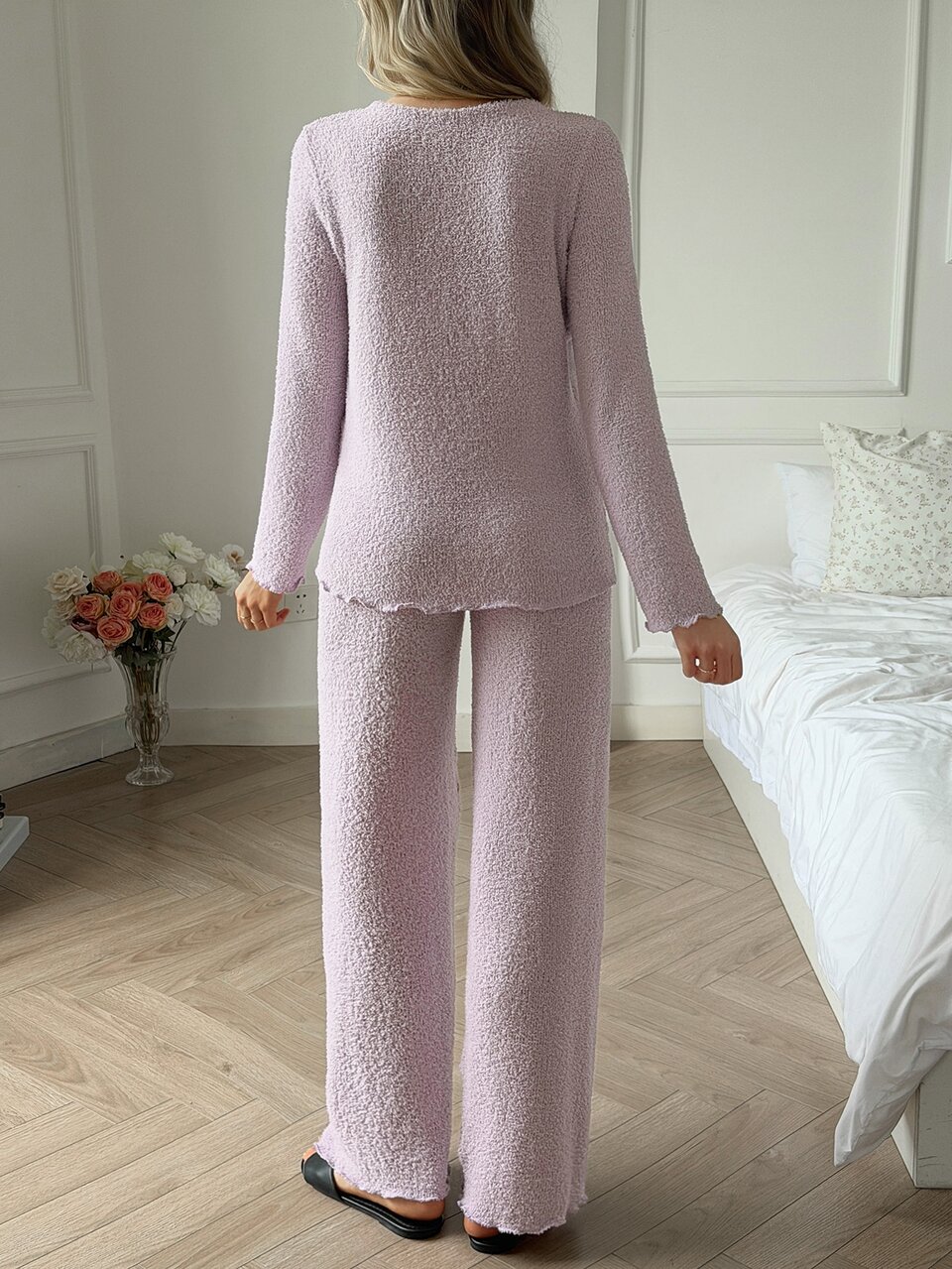 Women's Solid Color Long Sleeve Top And Pants Casual Daily Home Sleepwear Set