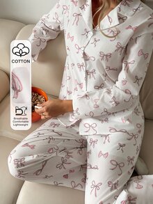 DAZY Women's All-Over Print Long Sleeve Top And Pants Casual Daily Home Sleepwear Set - Pink - View 3