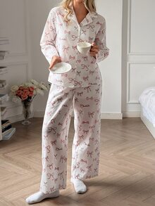 DAZY Women's All-Over Print Long Sleeve Top And Pants Casual Daily Home Sleepwear Set - Pink - View 9