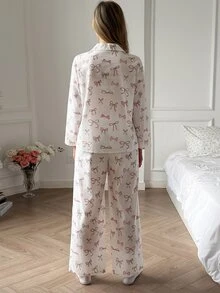 DAZY Women's All-Over Print Long Sleeve Top And Pants Casual Daily Home Sleepwear Set - Pink - View 2