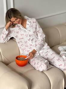 DAZY Women's All-Over Print Long Sleeve Top And Pants Casual Daily Home Sleepwear Set - Pink - View 12