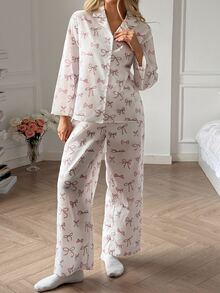 DAZY Women's All-Over Print Long Sleeve Top And Pants Casual Daily Home Sleepwear Set - Pink - View 8